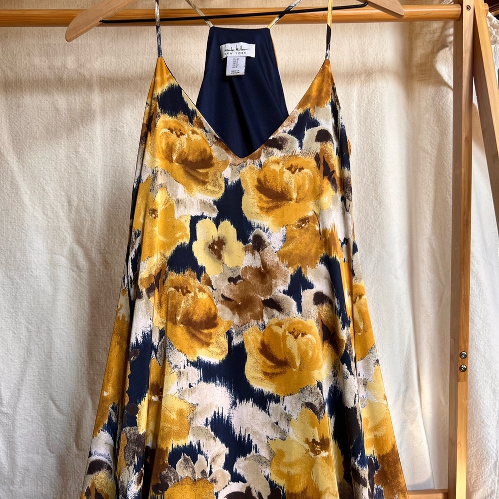 Nicole Miller Mustard Yellow and Navy Floral Slip Maxi Dress